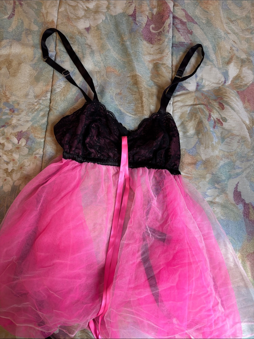 Victoria's Secret Black Lace & Hot Pink Tulle Chemise